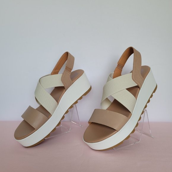SOREL Cameron Flatform Slingback Leather/Fabric Sandals-Honest Beige/Chalk Size9 - Picture 8 of 16